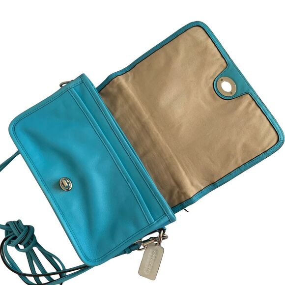 Coach Perforated Vibrant Turquoise Blue Leather Flap Crossbody Shoulder Bag - Picture 11 of 15